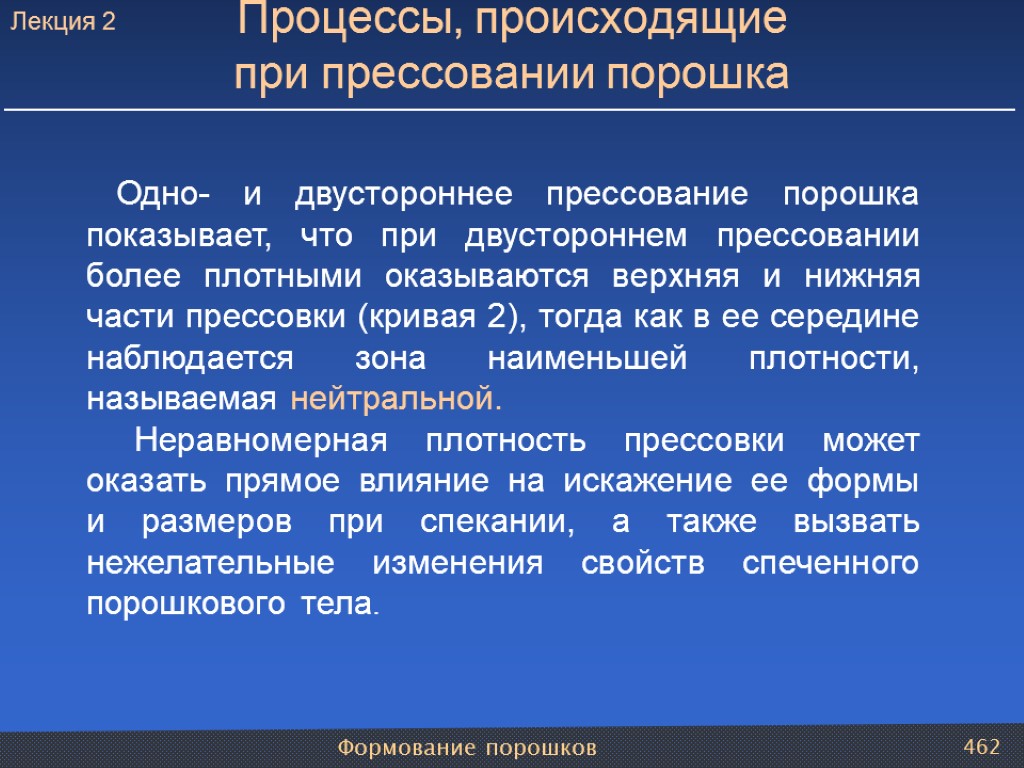 Формование порошков 462 Одно- и двустороннее прессование порошка показывает, что при двустороннем прессовании более